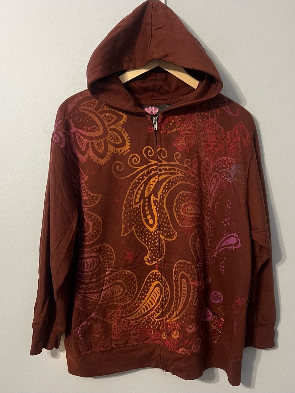 Vintage Paisley Motif Design Full Zip Hoodie Women’s 1X (XL) Brown Bohemian Y2K